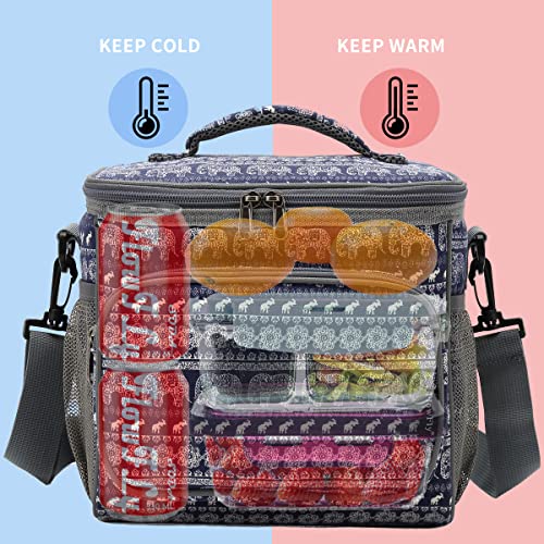 FlowFly Insulated Reusable Lunch Bag Adult Large Lunch Box for Women and Men with Adjustable Shoulder Strap,Front Zipper Pocket and Dual Large Mesh Side Pockets,Elephant - color: Elephant