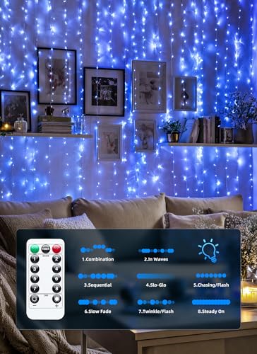 Brightown 300 LED Blue Fairy Curtain Lights, 9.8ft x 9.8ft String Lights, USB Plug in 8 Lighting Modes Christmas String Hanging Lights with Remote for Bedroom Indoor Outdoor Party Xmas Blue 1 Pack - color: Blue, size: 1 Pack-300 LED