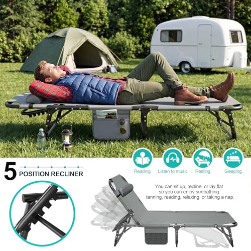 ABORON 3-in-1 Folding Patio Lounge Chair, 440LB Heavy-Duty Tri-Fold Guest Bed with Plush Cotton Cushion, No Assembly Adjustable Recliner for Office Nap, Patio Sunbathing, Poolside & Camping - color: Stone Obsidian-dusk