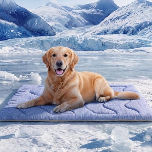 Dog Cooling Mat, Portable & Durable Cooling Mat for Dogs, Physical Heat Absorption, Anti-Slip Cooling Bed for Large Dogs 60–100 lbs (Golden Retriever, Lab, German Shepherd), 43x32 inches, Blue Wave - color: Blue, size: X-Large