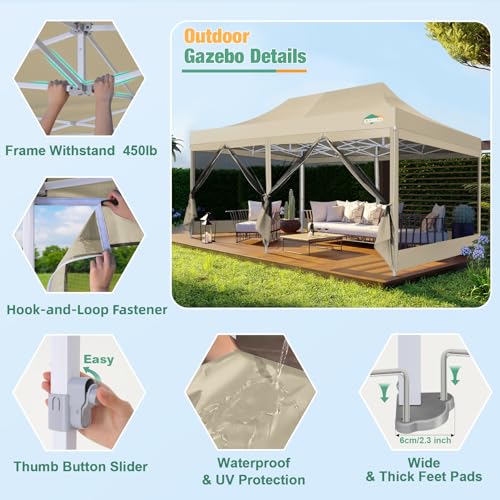 COBIZI 10x20 Canopy Tent, Heavy Duty Pop up Canopy with Sidewalls, Waterproof Easy Setup Canopy with Mosquito Netting, Outdoor Instant Screen Tents for Parties, Wedding with Roller Bag, Khaki - color: Khaki, size: 10x20FT