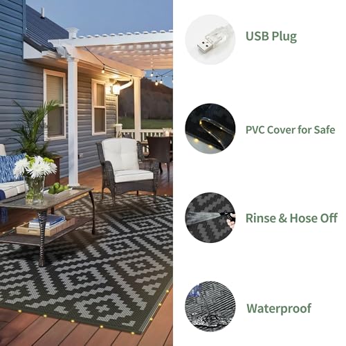 GENIMO Outdoor Rug with LED Strip Lights, 6'x9' Waterproof Camping Mat, Reversible Plastic Straw Rugs for Patio, RV, Camper, Balcony, Backyard, Picnic, Deck, Black & Gray - color: Black&gray | Led, size: 6' x 9' (Rectangular)