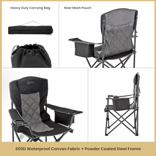ARROWHEAD OUTDOOR Portable Deluxe Folding Camp Quad Chair w/Headrest, Glass & Cup Holders, Armest 6-can Cooler, Heavy Duty Carry Bag, 550 lbs Weight Capacity