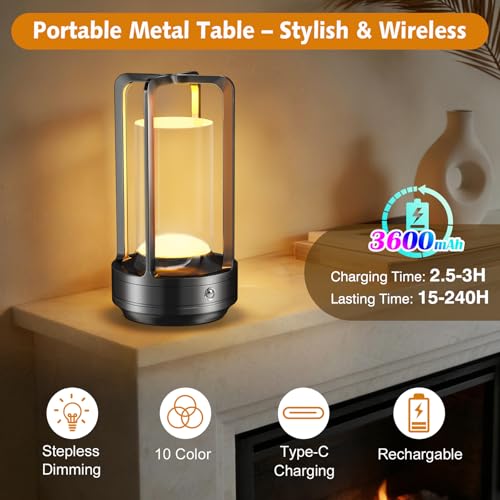 Portable Table Lamp for Outdoor Indoor: Cordless Rechargeable Desk Lamp with 10 Colors - Shower Lamp with Stepless Dimmable - Metal Battery Operated Lantern Light for Bedroom/Bar/Coffee Shop/Camping - color: Black+RGB