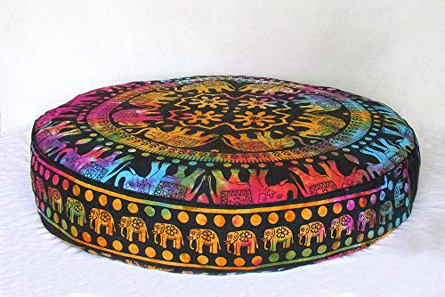 ICC Large Hippie Mandala Round Floor Pillow Cover Ottoman Pouf Cover Daybed Oversized Cotton Cushion Cover with Heavy Duty Zipper Seating Ottoman Poufs Dog-Pets Bed (Multi UP Elephant, 35" Round) - color: Multi Up Elephant, size: 35" x 35" (Pack of 1)