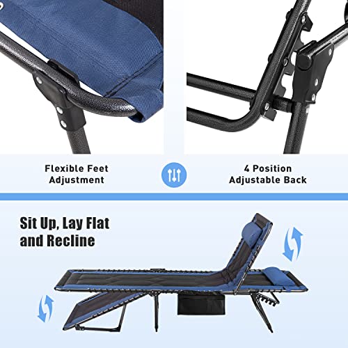Flamaker Folding Chaise Lounge Outdoor Portable Lounge Chairs 4-Position Adjustable Camping Lounge Chair with Pillow & Side Bag Lightweight Recliner Sunbathing Chair for Pool Beach Deck (Blue) - color: Blue