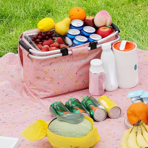Large Picnic Basket, Insulated Beach Bag Cooler Reusable with Zippered Top & Handles Reusable Folding Grocery Basket Insulated Cooler Bag for Picnic Travel - color: Navy Blue