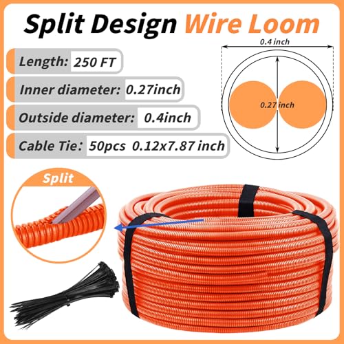 250FT Orange Split Wire Loom Tubing, 3/8 Inch Wire Protector Tubing, Automotive Wire Flexible Conduit Cord Covers with 50 Cable Ties for Automotive Marine Agriculture Electrical Cable Protection - color: Orange, size: 3/8in x 250ft