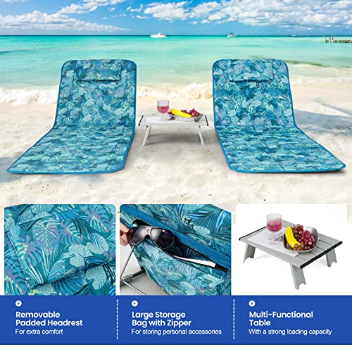 Giantex Beach Chairs with Side Table - 2 Pack Folding Lounge Chairs for Adults, 5 Position Adjustable Lawn Chair for Outdoor Sunbathing, Patio Chaise Lounge Lightweight Backpack Camping Chairs (Teal) - color: Teal