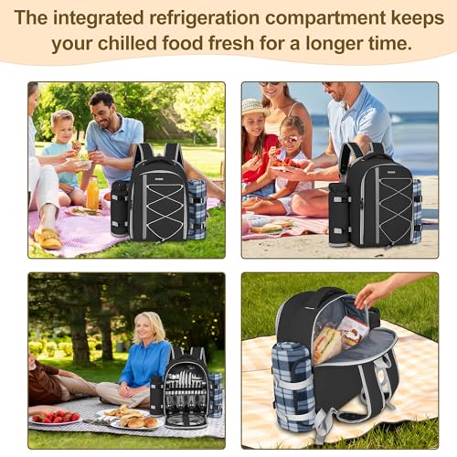 Picnic Backpack for 4 Persons with Insulated Leakproof Cooler Compartment, Cutlery Sets, Wine Holder, Fleece Blanket, Wedding Gifts for Couples, Perfect for Beach, Camping, Hiking, Black - color: Black
