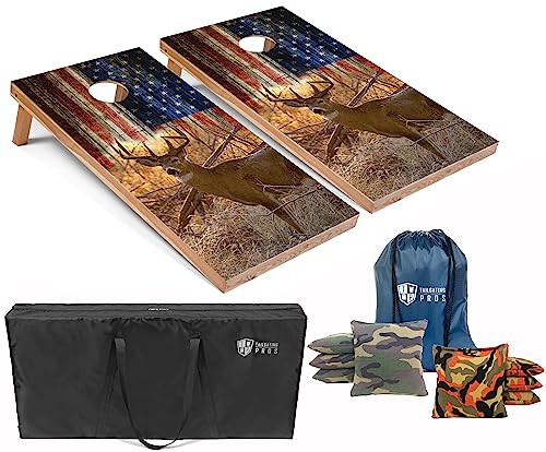 Tailgating Pros Cornhole Board Set w/Bean Bags and Carrying Case - 4'x2' Corn Hole Toss - Tournament and Lightweight Options - Optional LED Lights - color: Deer/American Flag, size: 4'x2' Boards