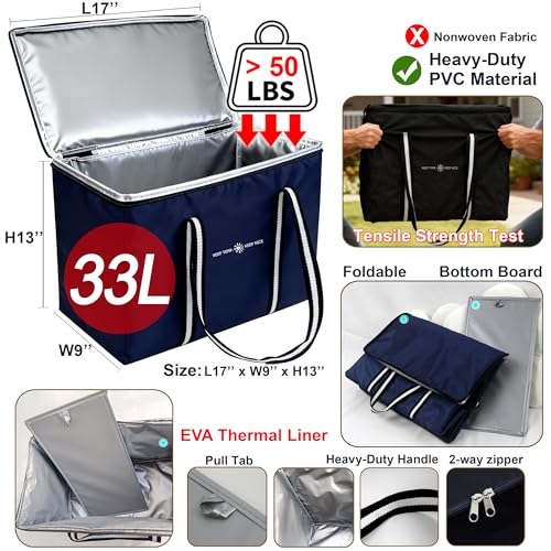 Insulated Food Delivery Bag, Large Durable Reusable Shopping Grocery Bag with Zipper – Foldable Thermal Cooler Bag for Hot & Cold Food, Pizza Delivery & Catering - color: Navy Blue 1