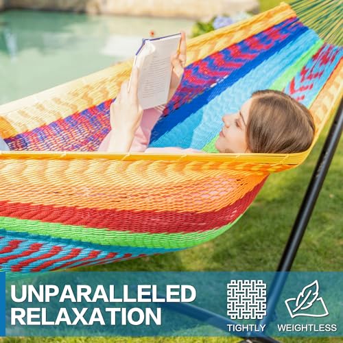 PNAEUT Double Hammocks with Stand for Outside, Portable Space Saving Heavy-Duty Steel Stand for Indoor Outdoor Patio (Mayan Rainbow) - color: Mayan Rainbow
