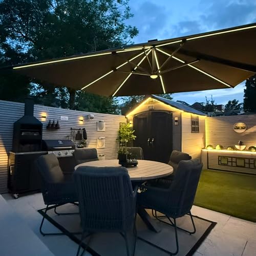 PURPLE LEAF 10 Feet Patio Umbrella Outdoor Cantilever Solar Powered LED Square Umbrella Aluminum Offset Umbrella with 360-degree Rotation for Garden Deck Pool Patio, Grey - color: Grey, size: 10' X 10', style: Standard（LED）