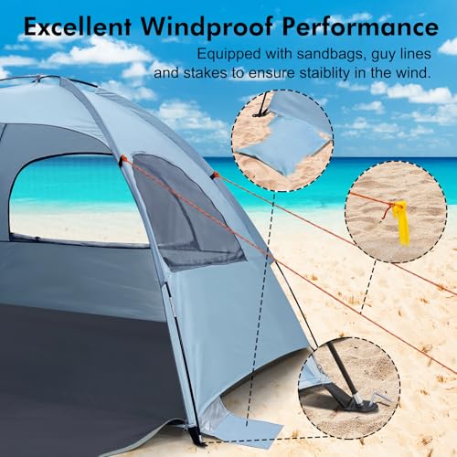 WhiteFang Beach Tent Anti-UV Portable Sun Shade Shelter for 3/4/6/8 Person, Extendable Floor with 3 Ventilating Mesh Windows Plus Carrying Bag, Stakes and Guy Lines - color: Sierra Blue, size: 3 Person