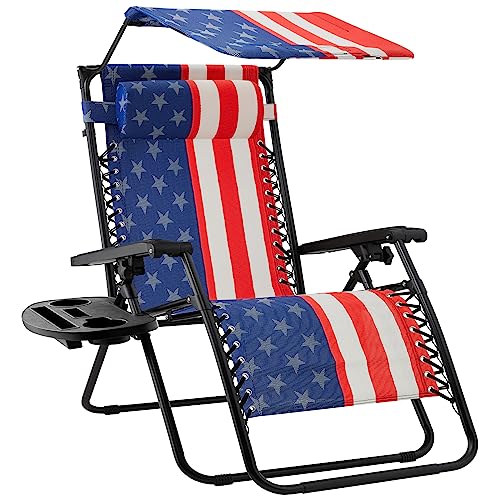 Best Choice Products Folding Zero Gravity Outdoor Recliner Patio Lounge Chair w/Adjustable Canopy Shade, Headrest, Side Accessory Tray, Textilene Mesh - American Flag - color: American Flag, size: Standard