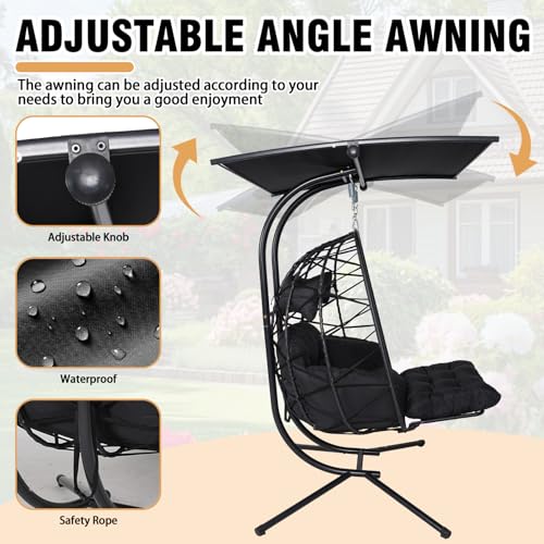 Double Egg Chair Outdoor with Stand & Adjustable Canopy, Extra Large 2 Person Hanging Chair with Leg Rests, Outdoor Egg Chair with Thickened Cushion, 600lbs Capacity for Patio, Garden (Black)