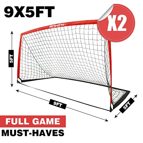 BOHEN 9x5 FT Kids Soccer Goals with Carry Bag, Portable Folding Soccer Net for Backyard Training, Indoor/Outdoor Use for Youth and Adult - color: Red, size: 9x5ft, 2 Pack