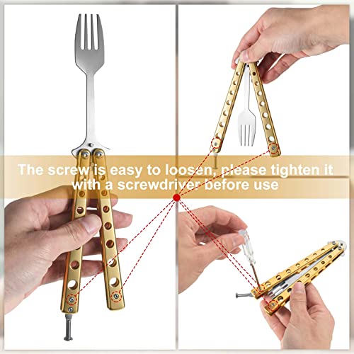 Flutesan 2 Pcs Butterfly Fork and Spoon Set, Folding Stainless Steel Fork Tactical Butterfly Spoon for Travel BBQ Kitchen Camping Hunting(Gold) - color: Gold