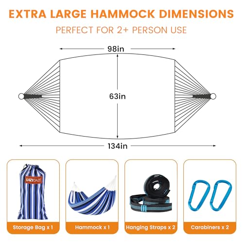 Lazy Daze Hammocks Double Brazilian Cotton Hammock, Extra Large Portable Outdoor Camping Hammock with Tree Straps & Travel Bag for Backyard Patio Poolside Indoor, 550lbs Capacity, Blue - color: Blue