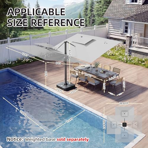9 X 12 FT Cantilever Outdoor Patio Umbrella with Led Lights Heavy Duty Windproof Double Top Large Rectangle Offset Umbrellas with 360-degree Rotation for Garden Pool Deck Backyard, Foggy Grey - color: Foggy Grey, size: 9' X 12'- Only Umbrella(LED)