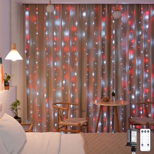 JMEXSUSS 300LED Red and White Christmas Curtain Lights with Remote, 9.8x9.8ft Christmas String Lights Plug in, 8 Modes Twinkle Hanging Fairy Lights for Bedroom Window Wall Porch Indoor Outdoor Decor - color: Red and White, size: 300 LED