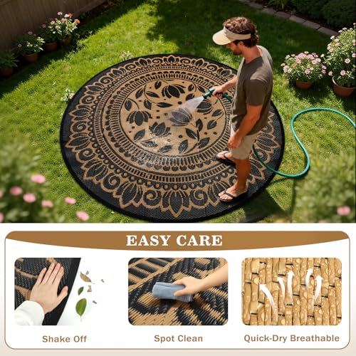 6' Round Outdoor Rug for Patio, Waterproof Fade Resistant Plastic Straw Mat, Reversible Modern Floral Design Portable Easy Cleaning Outdoor Carpet for RV Camping Deck Backyard, Black & Brown - color: Black Flower, size: 6' (Round)