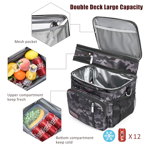 MIYCOO Lunch Bag & Lunch Box for Men Women, Double Deck Leakproof Insulated Soft Large Adult Camping Cooler bag for Work, Beach, Picnic, Travel (Black Camo, 15L) - color: Black Camo