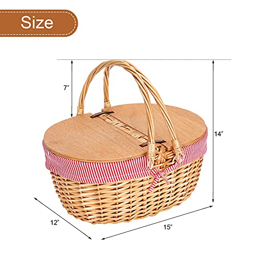 Wicker Picnic Basket with Liner, Wooden Split Lid Picnic Basket, Vintage-Style Wicker Picnic Hamper with Folding Woven Handle for Picnic, Camping, Outdoor, Valentine Day, Thanks Giving, Birthday (Red) - color: Red Stripe W/Liner