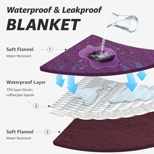 LOOBANI Waterproof Blanket for Bed: Reversible Soft Flannel Twin Bed Blanket 60" x 80", Leakproof Throw Spill-Proof Dog Pet Blanket for Couch, Sofa Protect, Movie Time, Camping, Travel, Purple - color: Purple, size: 60" x 80"