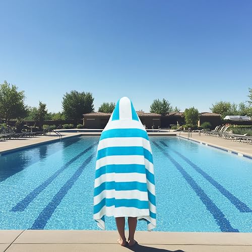COTTON CRAFT Hooded Beach Towel - Oversized XXL 35x84 Towel with Hood for Adults - The Big Kahuna 7 Foot Beach Blanket Towel - Big & Tall Soft 100% Cotton Velour - Pool Bath Wrap - Cabana Stripe Aqua - color: Cabana Stripe - Aqua, size: 1 Pack - 35x84 Hoo