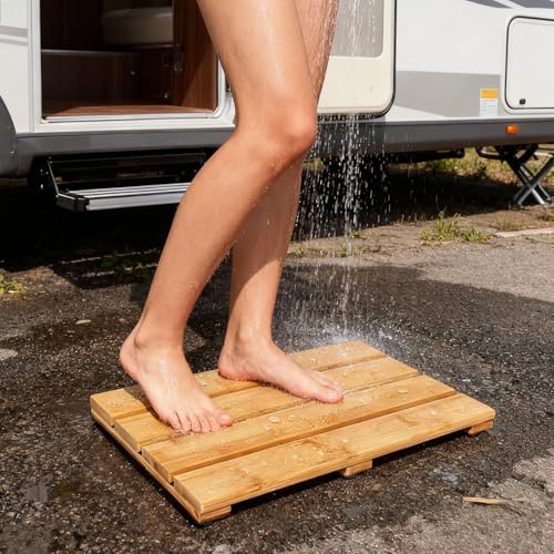 Small Bamboo Bath Mat – Mini Wooden Shower Floor Mat for Compact Bathroom, RV or Tight Spaces, Non-Slip, Quick Dry, Easy to Clean, Indoor Outdoor Use, 15.8" x 10.2" by PELYN - size: 15.8" x 10.2" (Rectangular)