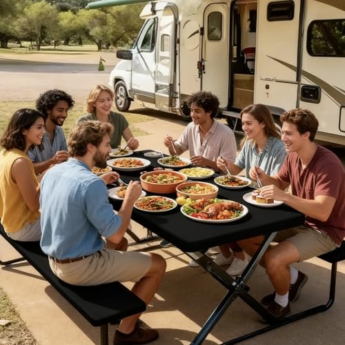 Picnic Table Cover with Bench Covers, Elastic Fitted Spandex Tablecloths for Rectangle Tables, Stretch Washable Patio Tablecloth for Washable Windproof Tablecloth for Camping Black 30"x72"