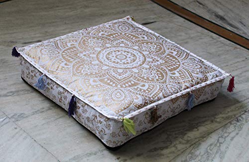 ICC Large Square Cotton Mandala Cushion Cover Hippie Ottoman Pouf Cover Daybed Floor Pillow Cover with Heavy Duty Zipper Seating Ottoman Poufs Dog-Pets Bed (White Flower Gold, 18" Square) - color: White Flower Gold, size: 18" x 18" (Pack of 1)