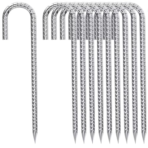 Rebar-Stakes-12-Inch, Ground Stakes Heavy Duty J-Hook Galvanized Anti-Rust Heavy Duty Ground Anchors for Garden Dog Fence Chicken Coop Christmas Decorations Deer Fence 12pcs - color: Silver-J-HOOK, size: 12pcs