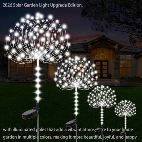 Garden Decor Solar Lights Outdoor,155LED 8 lighting modes pole light Waterproof White Solar Garden Lights for Christmas, Halloween Decoration,Yard, Patio, Porch,Flower Pot,Pathway (2Pack) - color: White