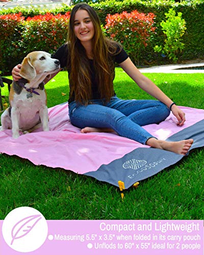 ECCOSOPHY Sand Proof Beach Blanket - Waterproof Picnic Blanket 60x55 Outdoor Compact Pocket Blanket Lightweight Ground Cover for Hiking Camping Festivals Sports Travel with Bag & Stakes (Pink) - color: Pink