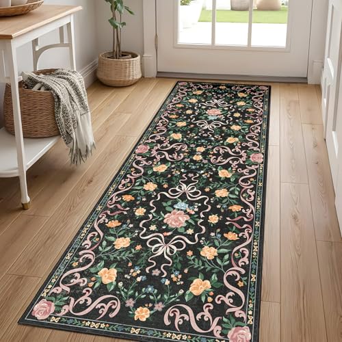 Washable Non-Slip Runner Rugs 2X6, Black Rug Boho Farmhouse Bow Floral Area Rug for Hallway Kitchen Bedroom Beside Laundry Room Bathroom Rug, Low Pile Stain Resistant Soft Floor Carpet - color: Aa#black(bow Floral), size: 2' x 6' (Rectangular)