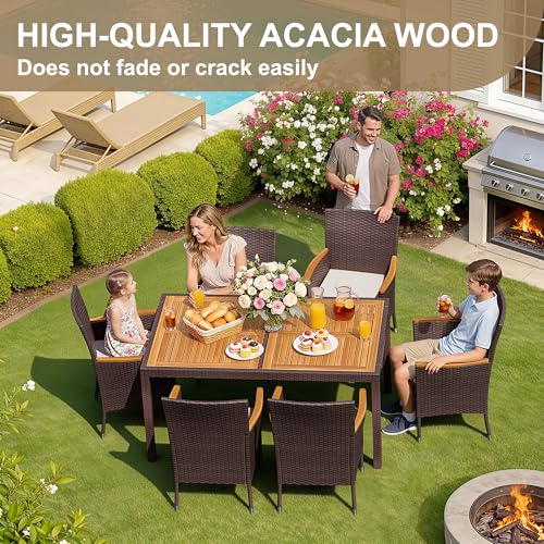 Devoko Dining 7 PCS Furniture, Patio Conversation Set with Acacia Wood Table Top, Outdoor, Beige Cushion and Brown Rattan - color: Brown, style: 7 Piece Dining Set
