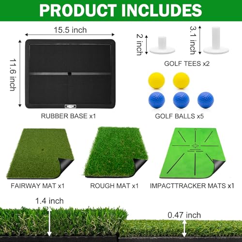 Golf Hitting Mat with Golf Tees - Golf Practice Mat for Swing Path Feedback Detection Batting, Golf Chipping Mat with Extra Replaceable No-Slip Pads for Indoor/Outdoor Training