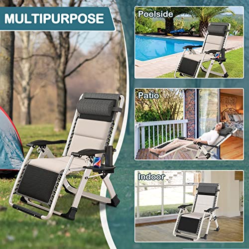 NAIZEA Padded Zero Gravity Chair, Folding Outdoor Lounge Chairs, Adjustable Reclining Camping Chairs with Cup Holder, Ergonomic Patio Lawn Chair for Balcony Beach Deck Yard - color: Ivory White, style: Zero Gravity Chair