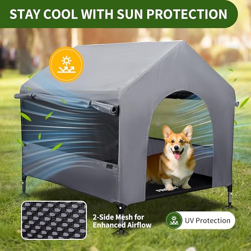 Summertrail 36" Large Dog House Outdoor Indoor with Breathable Mesh Windows-Elevated Dog Bed Cot Dog Tent Shade Shelter for Large Breeds with Canopy, Weatherproof Dog Kennel for Outside, Easy Clean - style: 36" Grey