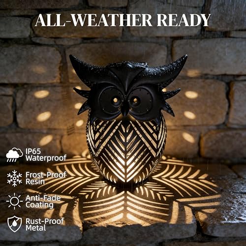 Hanging Owl Solar Lantern, Outdoor Waterproof Metal Solar Lights with Palm Leaf Shadow, Decorative Garden Lanterns for Yard Art Patio Decor, Whimsical Gifts for Women, Black