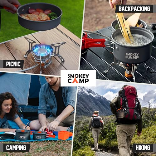 Smokey Camp Camping Cookware Mess Kit Set with Stove - Backpacking Camping Pots and Pans Set, All in One Non-Stick Camping Cooking Set, Portable Stove, Hiking, Picnic, Outdoor & Camping Cookware Set - style: 1.2+2.0+3.3 Liter Pot