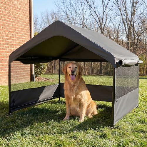 Dog Tent House Outdoor Shade 4'x4'x3' Shelter for Large Medium Pets,Outside Sun Rain Waterproof Canopy with Three-Sided Breathable Mesh Windows,Livestock House with Ground Nails,Dark Gray - color: Dark Gray with Breathable Mesh Windows