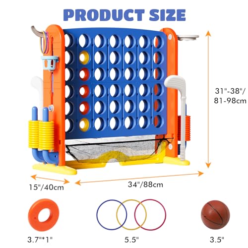 Giant 4-in-A-Row Connect Game Set, Adjustable Height Jumbo Yard Game with Golf, Basketball Hoop, Ring Toss & Mesh Pocket, Indoor & Outdoor Yard Connect Game for Kids Adults Family - color: Blue