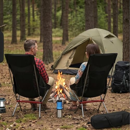 SHALLWE Camping Chairs, All Aluminum Frame Portable Folding Camp Chair for Adults, Heavy Duty High Back Collapsible with Built-in Pillow, Side Pocket, Carry Bag for Backpacking, Hiking, Beach - color: Black