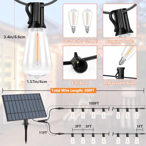 Bosceos Solar Outdoor String Lights Waterproof, 200FT Solar Powered String Lights for Outside with Shatterproof Bulbs, Dimmable ST38 LED Lights String, Patio Hanging Lights for Backyard Garden Party - size: 200FT(100FT*2)