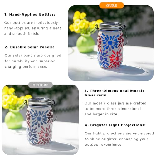 Starsoul 2 Pack Solar Lanterns Outdoor Waterproof, Mosaic Flowers Glass Solar Hanging Outdoor Lights, Decorative Solar Lantern for Outside Pathway Patio Porch Yard Decor - color: Flowers-2PC