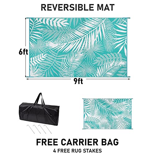 Outdoor Rug for Patios Clearance, 6x9 Waterproof RV Rugs for Outside, Reversible Plastic Straw Mat Large Quick Drying Outdoor Rugs for Deck Trailers Campers Porch Beach Backyard,Teal & White - color: Teal Blue, size: 6' x 9' (Rectangular)